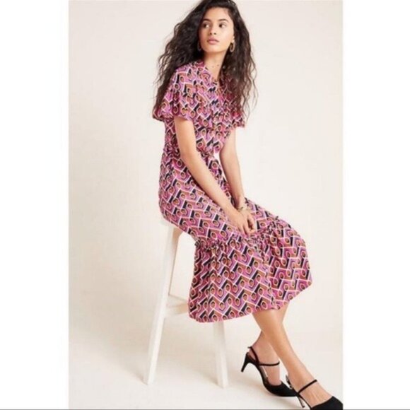 Anthropologie Corey Lynn Calter Annabel Pink Ruffle Shirt Dress Maxi Small - Picture 2 of 15